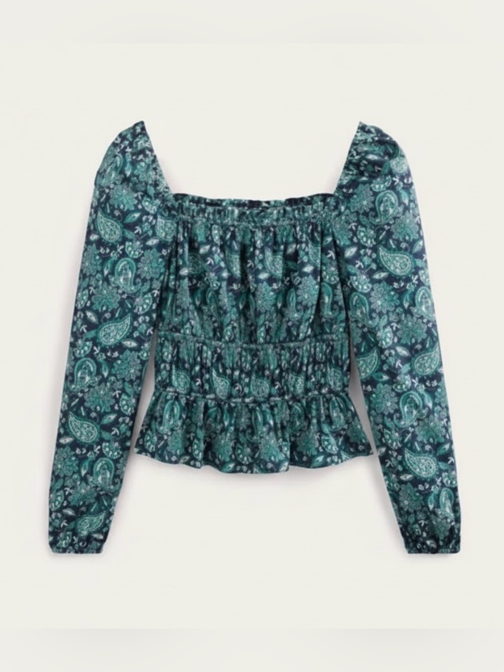 Boden Teal Paisley Smocked Square-Neck Long Sleeve Top size 12